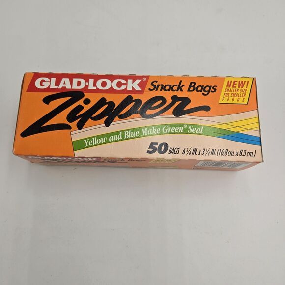 Vintage 1980s Glad-Lock Zipper Snack Bags 50 Ct Yellow Blue Make Green Seal NOS - Picture 1 of 6